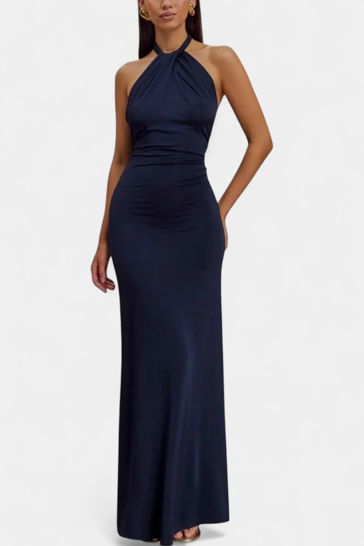 Trinity Vestido Halter Ajustado con Espalda Fruncida