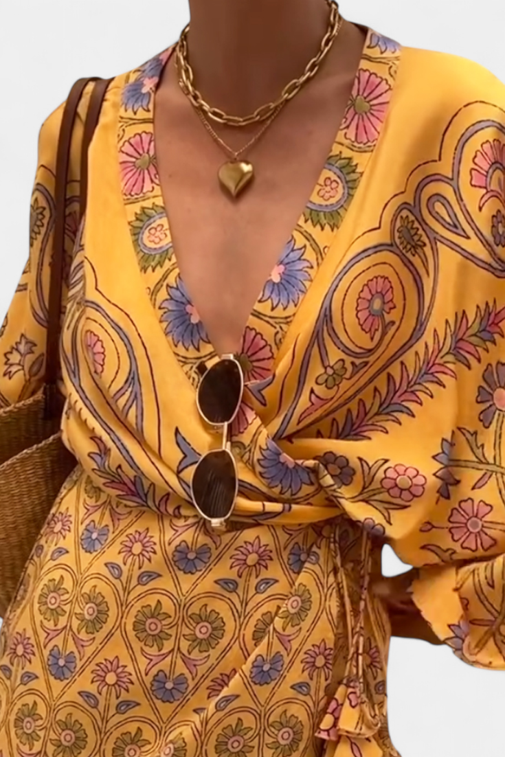 Candela - Vestido Boho con Estampado Floral y Escote en V Cruzado