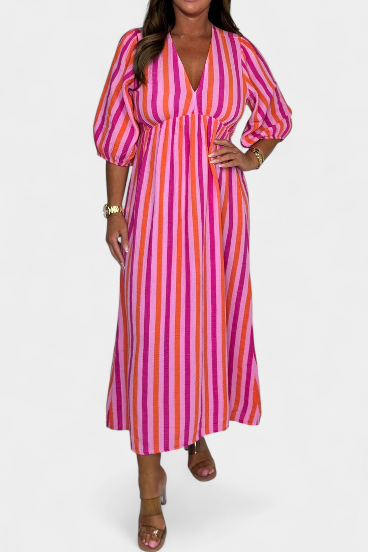 Ercilia - Vestido Midi con Estampado Vibrante y Manga Globo
