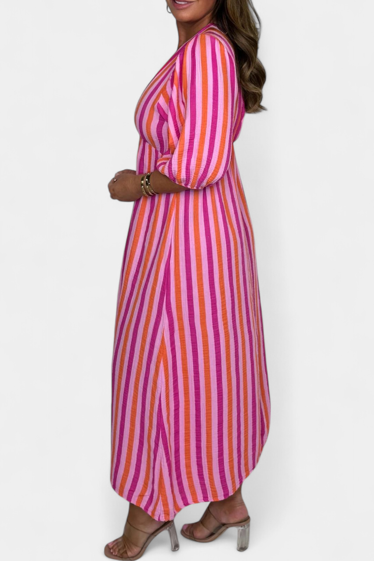 Ercilia - Vestido Midi con Estampado Vibrante y Manga Globo