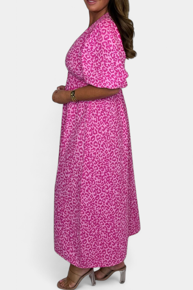 Ercilia - Vestido Midi con Estampado Vibrante y Manga Globo