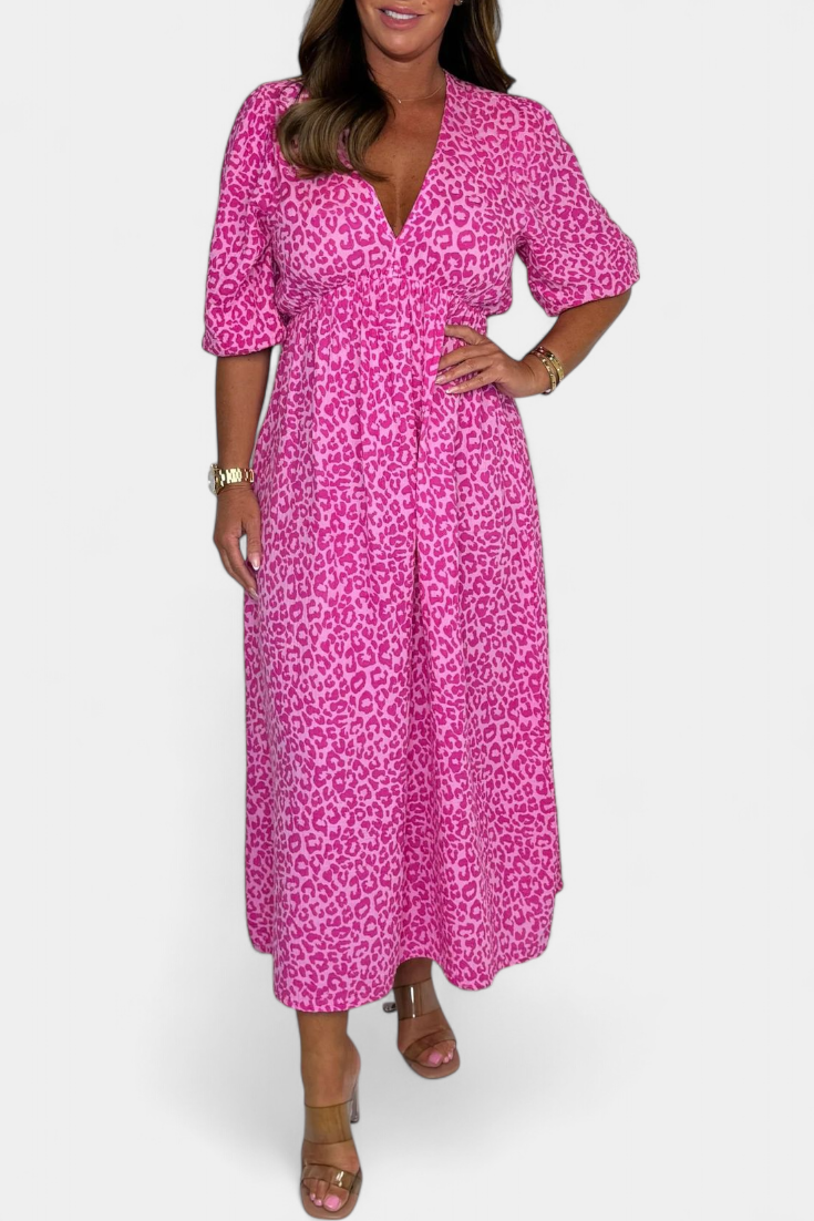 Ercilia - Vestido Midi con Estampado Vibrante y Manga Globo