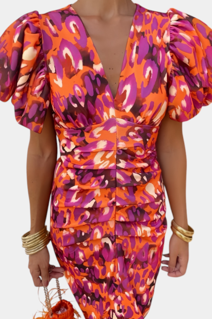 Wibia - Vestido Estampado con Mangas Volumen y Fruncido