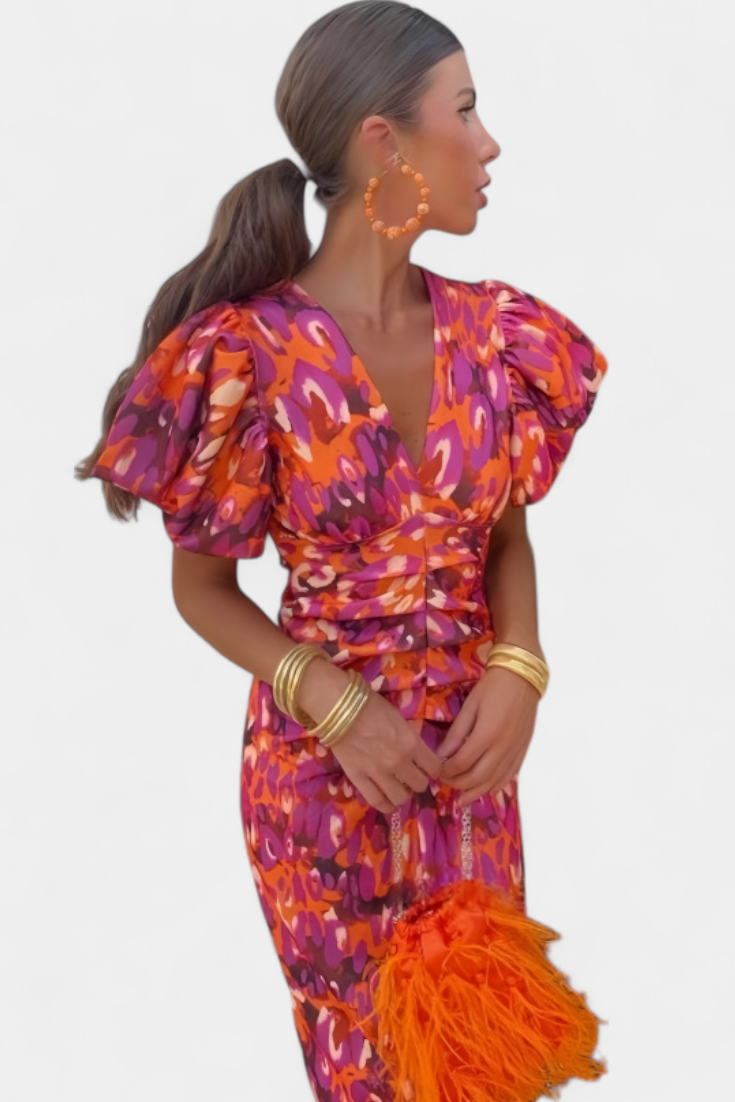 Wibia - Vestido Estampado con Mangas Volumen y Fruncido