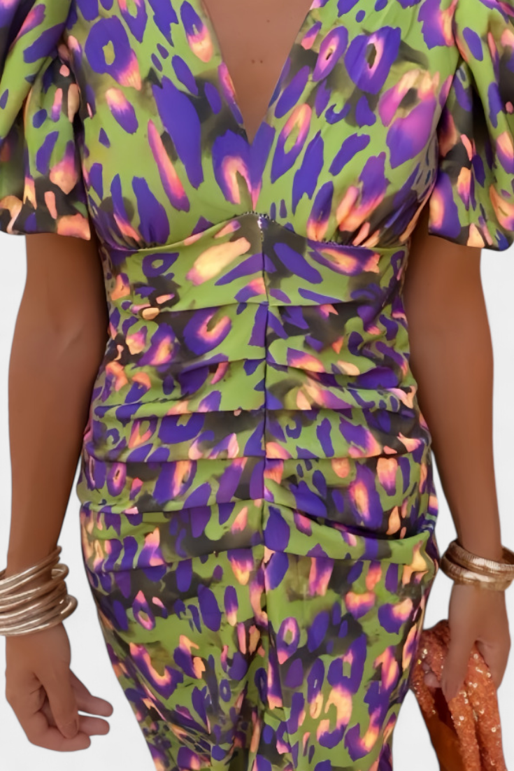 Wibia - Vestido Estampado con Mangas Volumen y Fruncido