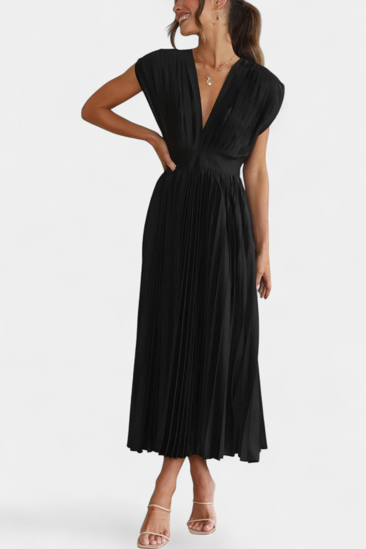 Mireia - Vestido de Pliegues con Escote Drapeado y Cintura Alta