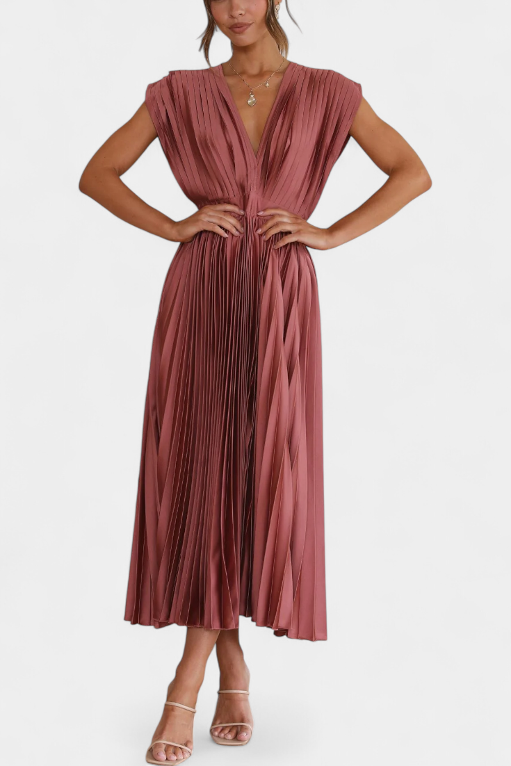 Mireia - Vestido de Pliegues con Escote Drapeado y Cintura Alta