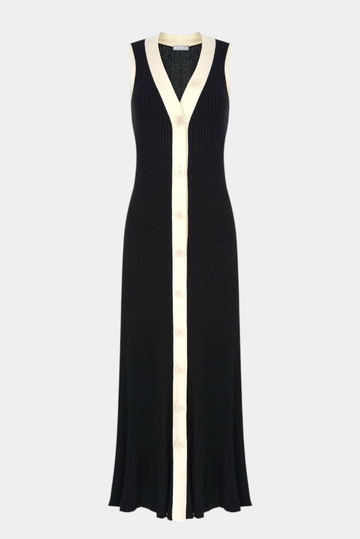 Brielle Vestido de Punto Sin Mangas con Escote en V y Botones a Contraste