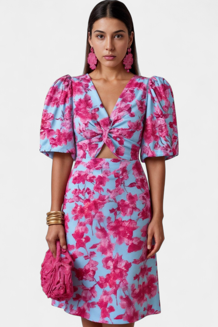 Wibia - Vestido Estampado con Mangas Volumen y Fruncido