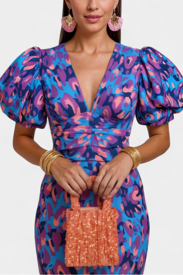 Wibia - Vestido Estampado con Mangas Volumen y Fruncido