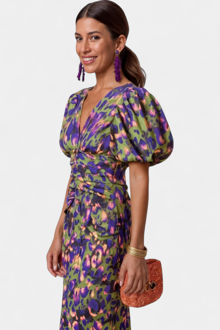 Wibia - Vestido Estampado con Mangas Volumen y Fruncido
