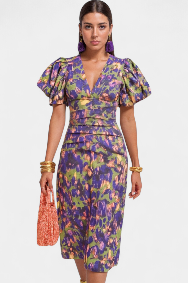 Wibia - Vestido Estampado con Mangas Volumen y Fruncido
