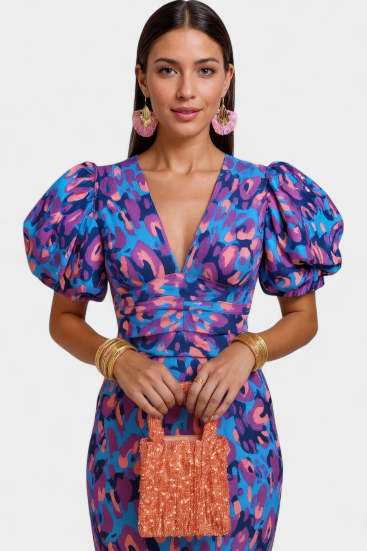 Wibia - Vestido Estampado con Mangas Volumen y Fruncido