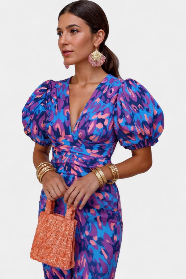 Wibia - Vestido Estampado con Mangas Volumen y Fruncido