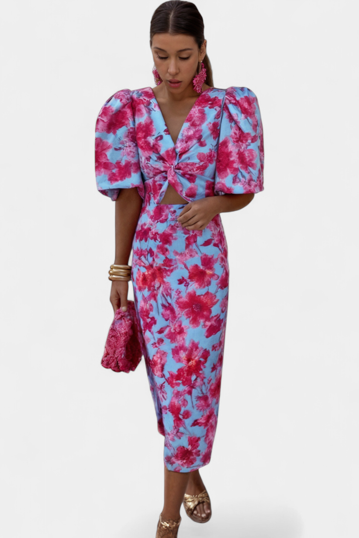 Wibia - Vestido Estampado con Mangas Volumen y Fruncido