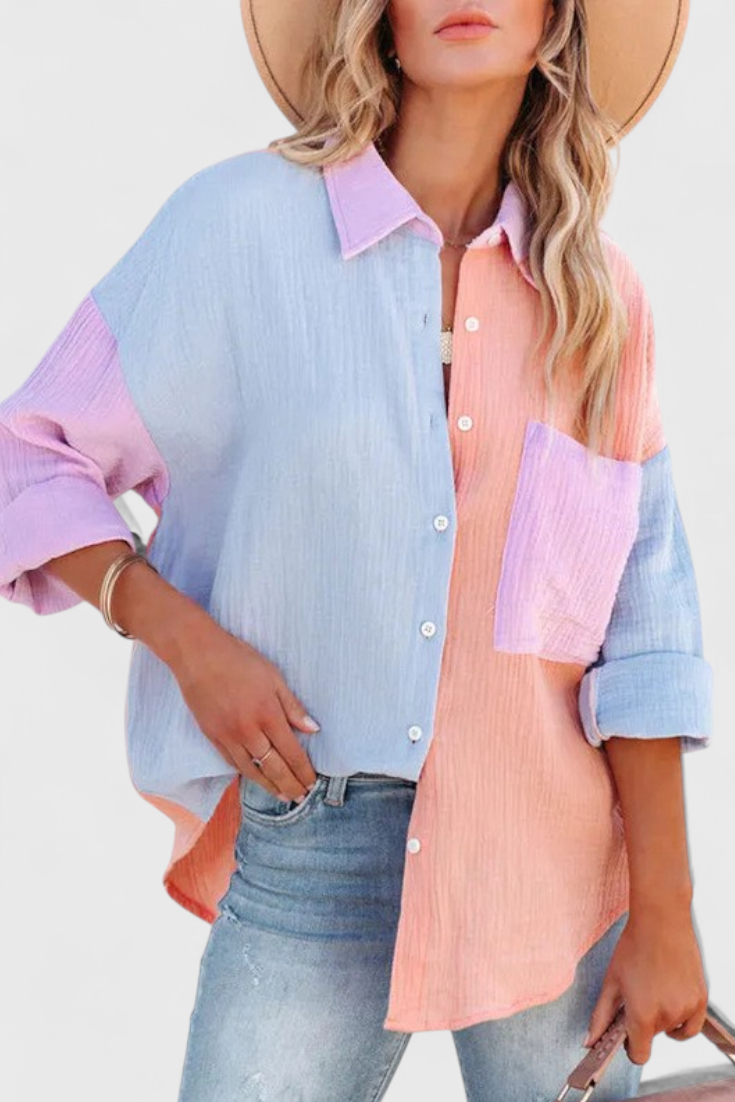 Valeria - Blusa de Botones en Bloque de Color