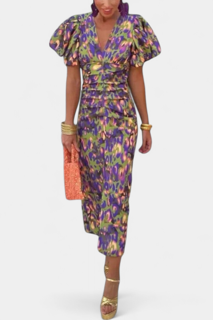 Wibia - Vestido Estampado con Mangas Volumen y Fruncido