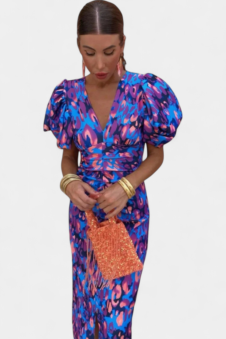 Wibia - Vestido Estampado con Mangas Volumen y Fruncido