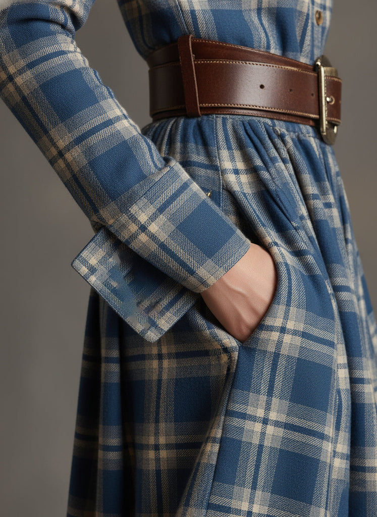 Lapele Vestido Largo de Cuadros con Cinturón