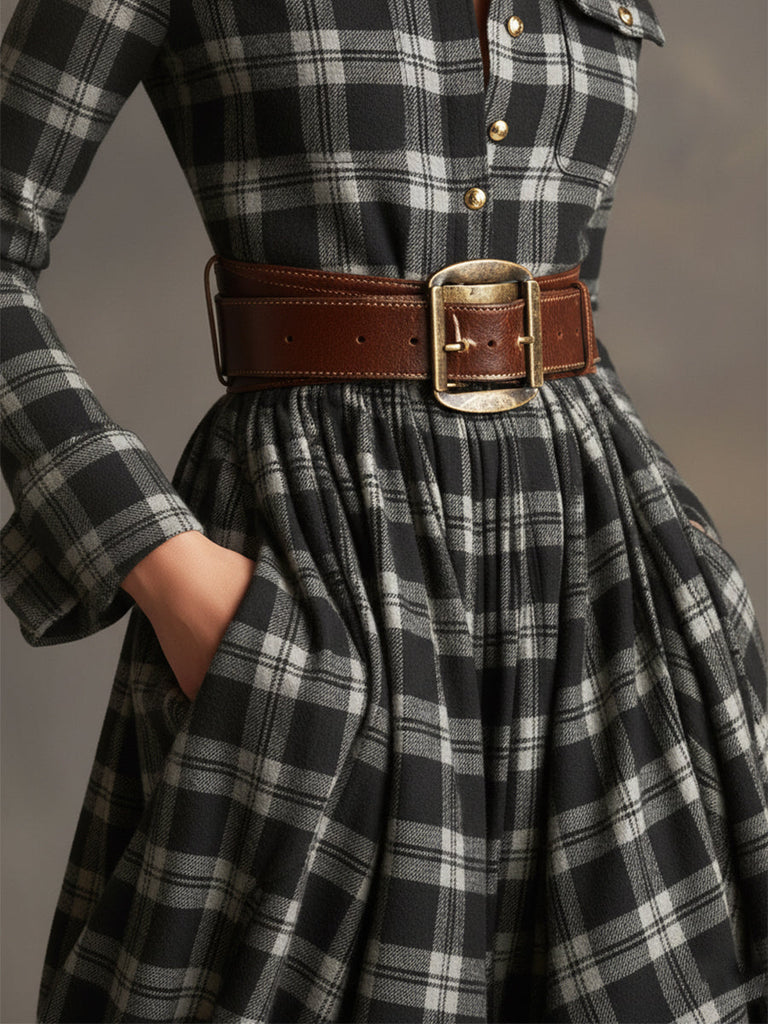 Lapele Vestido Largo de Cuadros con Cinturón